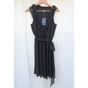 Chaps Womens V Neck Polka Dot dress Sz 12 Knee length‎ sleeveless ruffle A line